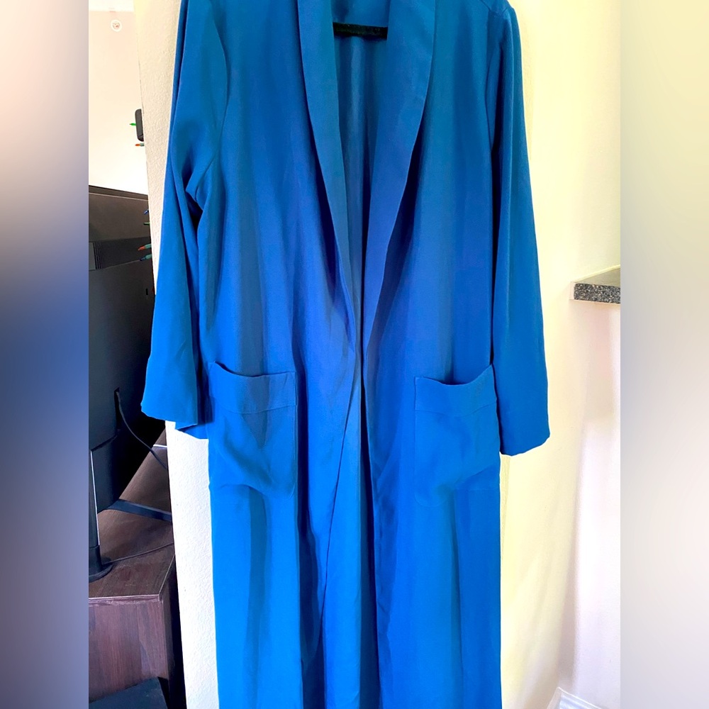 Chic Cobalt Blue Longline Duster Jacket with Pockets | Plus Size